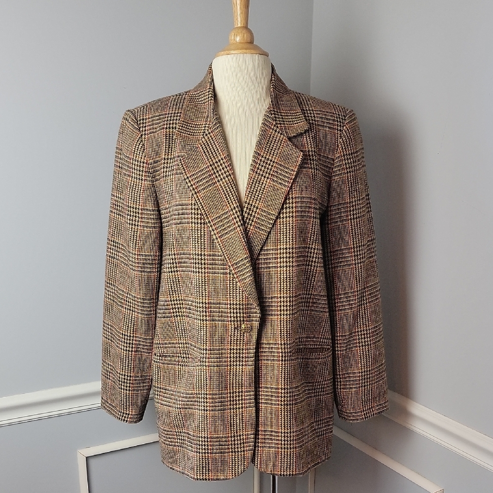 CATHY DANIELS Tan Wool Blend Houndstooth Glen Plaid One Button Academia Blazer 8